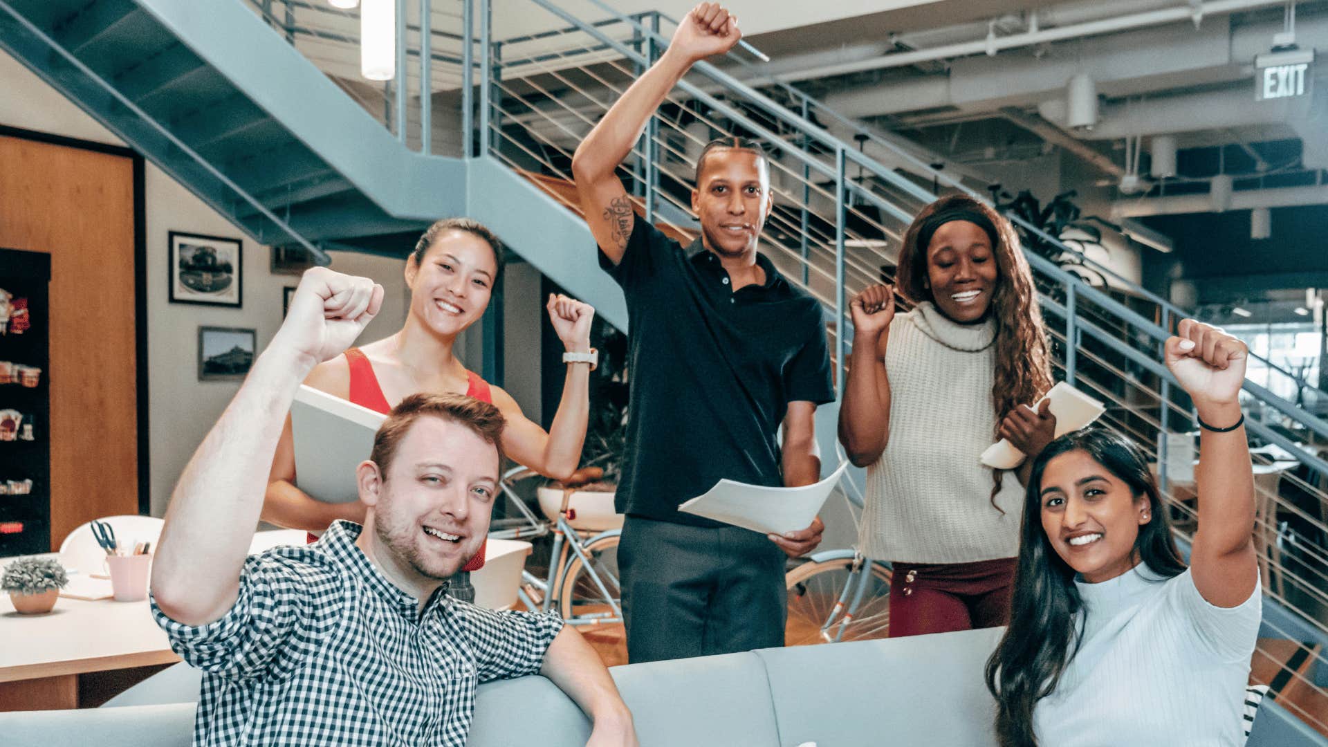 work team cheering