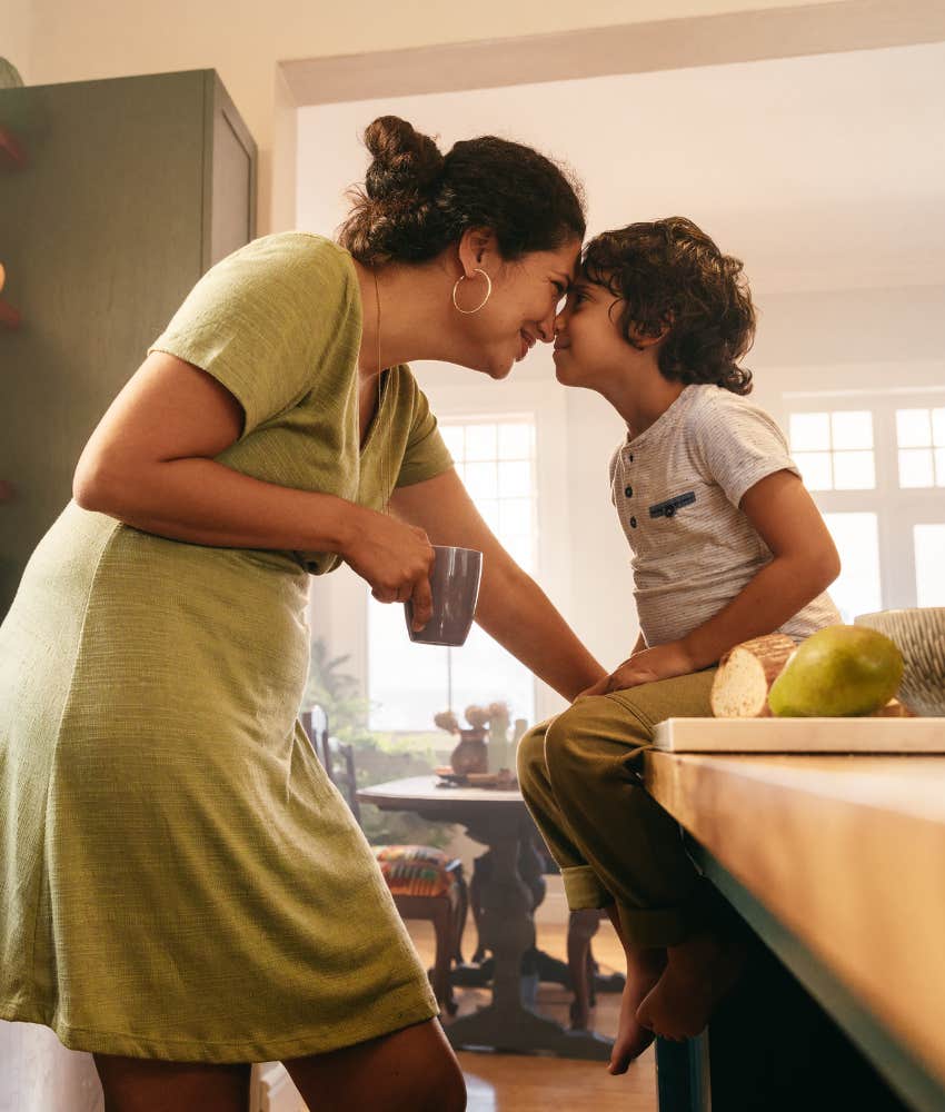 Aunt and nephew touching noses 