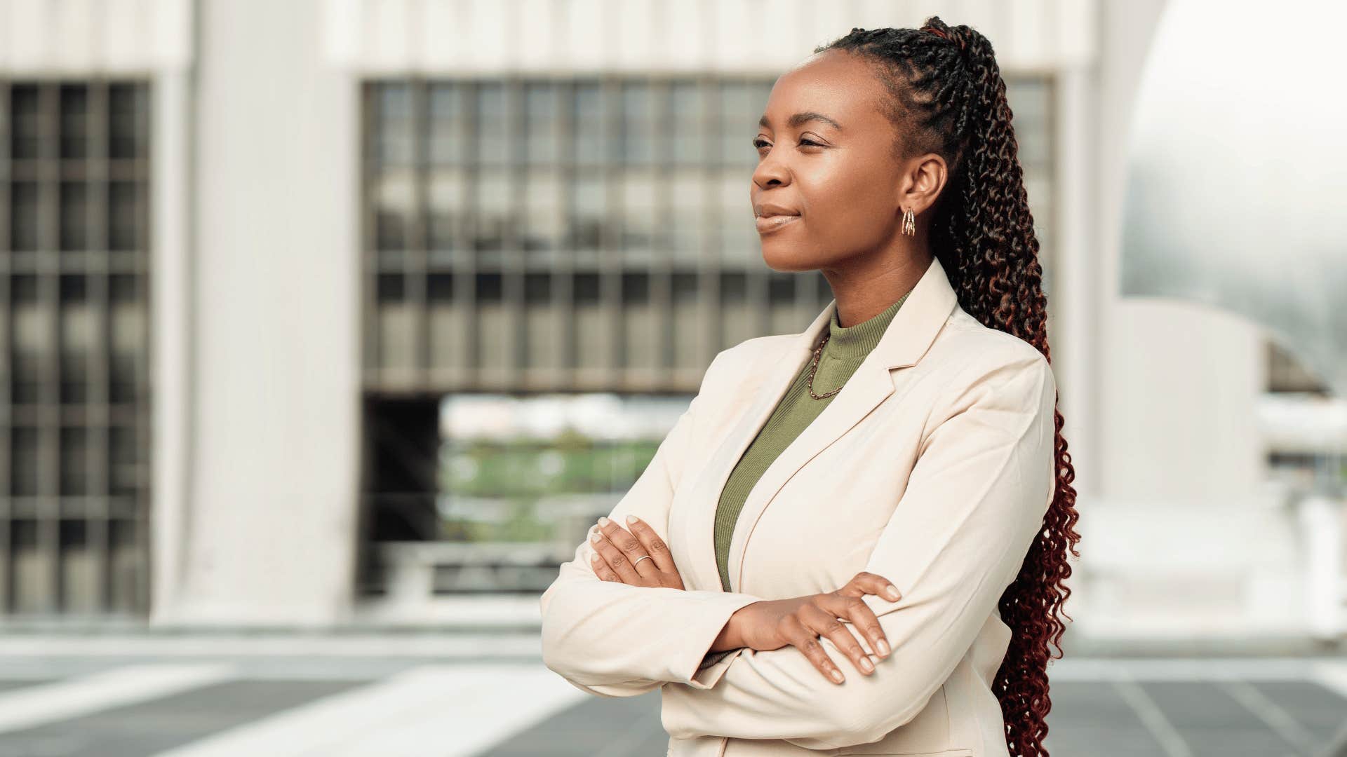 woman in front of office building