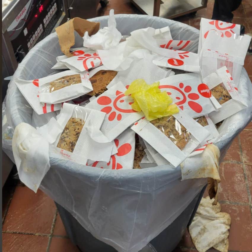 Chick-Fil-A cookies filling a trash can. 