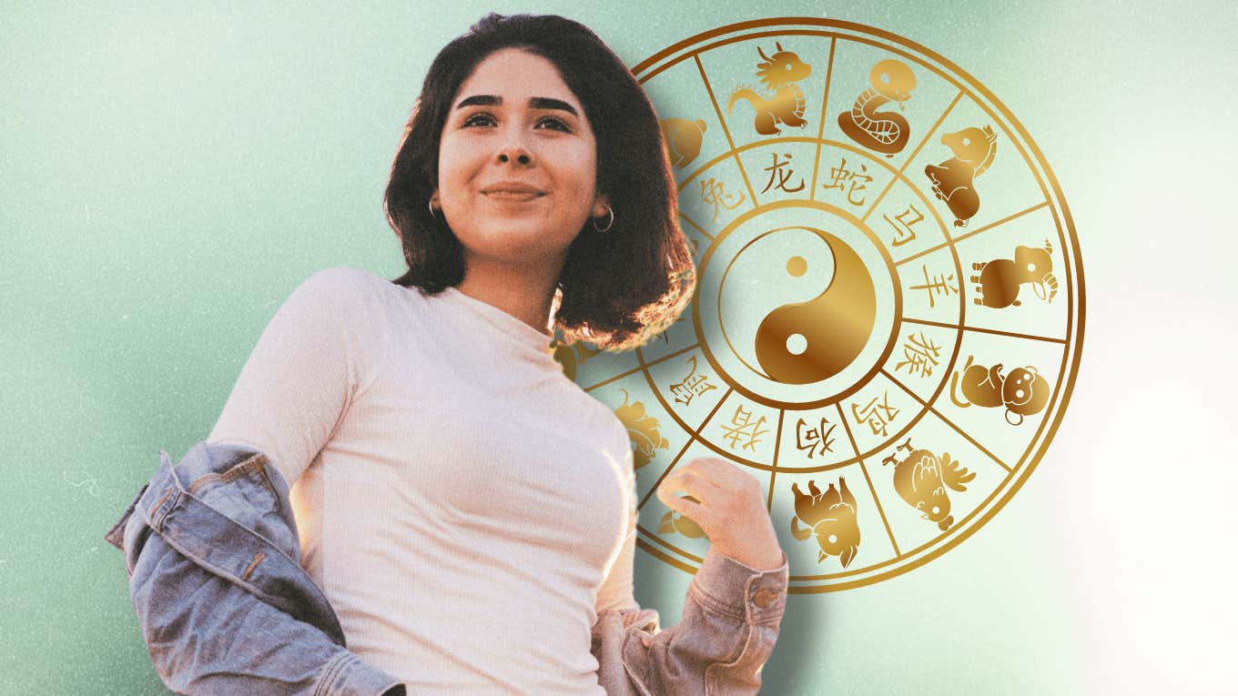 woman next to chinese zodiac wheel for october 2024 horoscopes