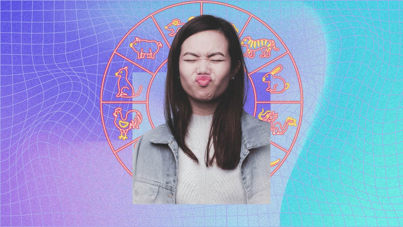 woman making funny face in front of chinese zodiac weekly horoscope wheel september 16-22, 2024