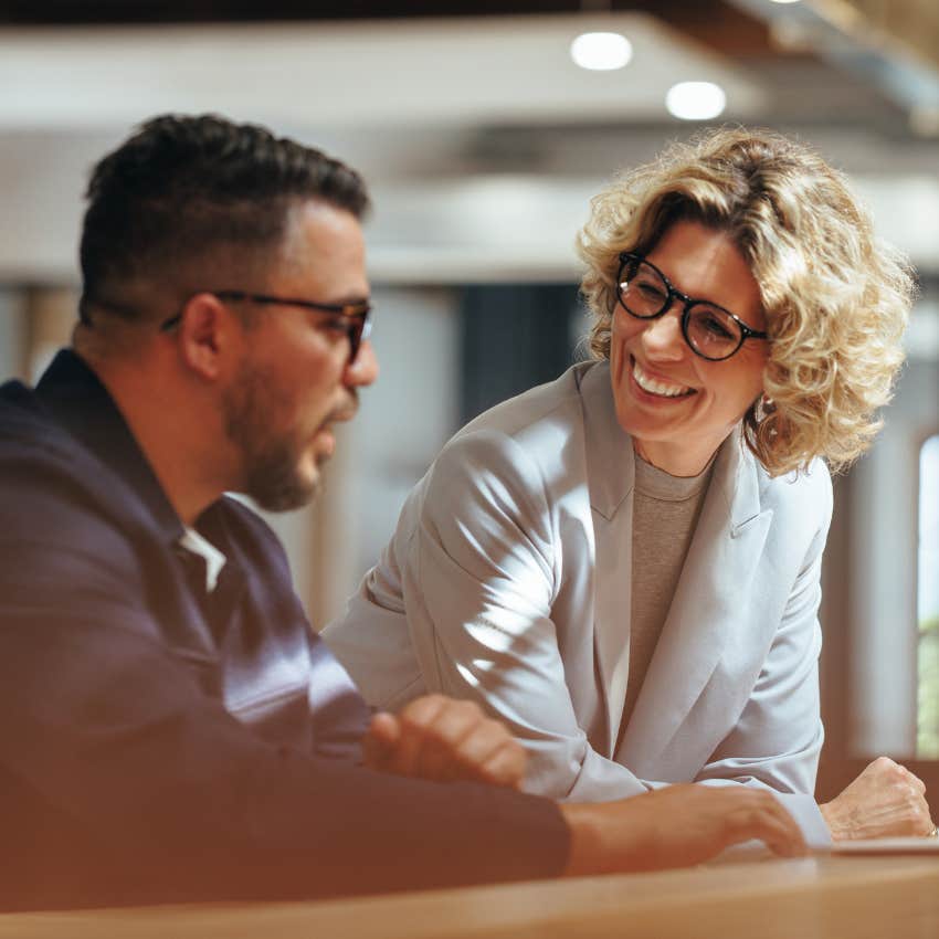 Colleagues talking together at a new job. 