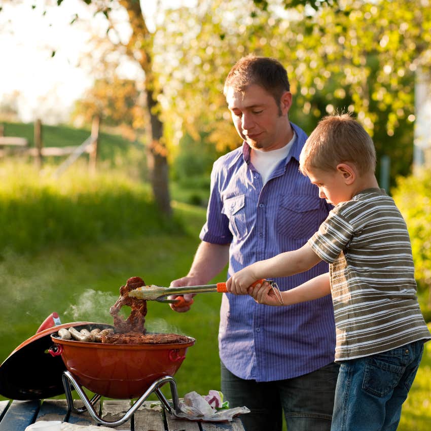 Dad cooking meat with son while vegetarian wife is away