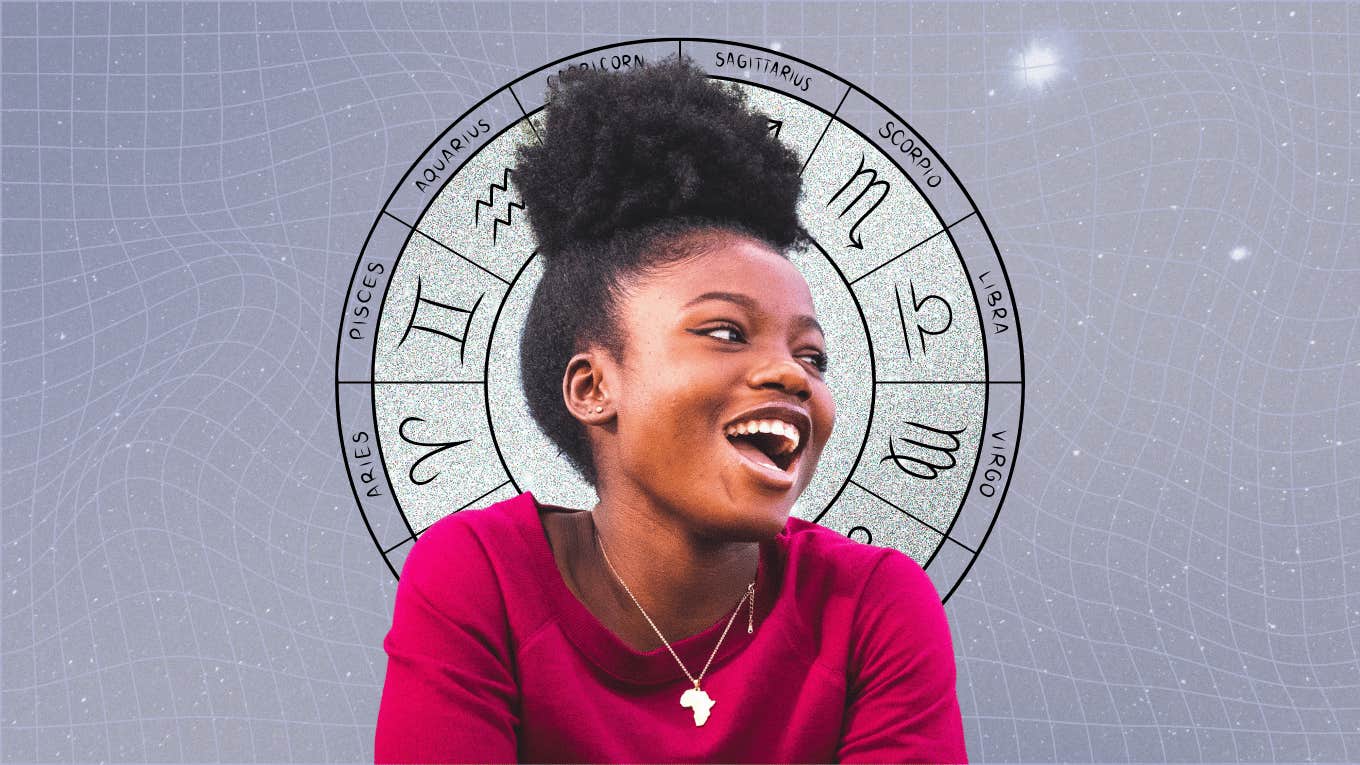 smiling woman and zodiac wheel for daily horoscope september 29 2024