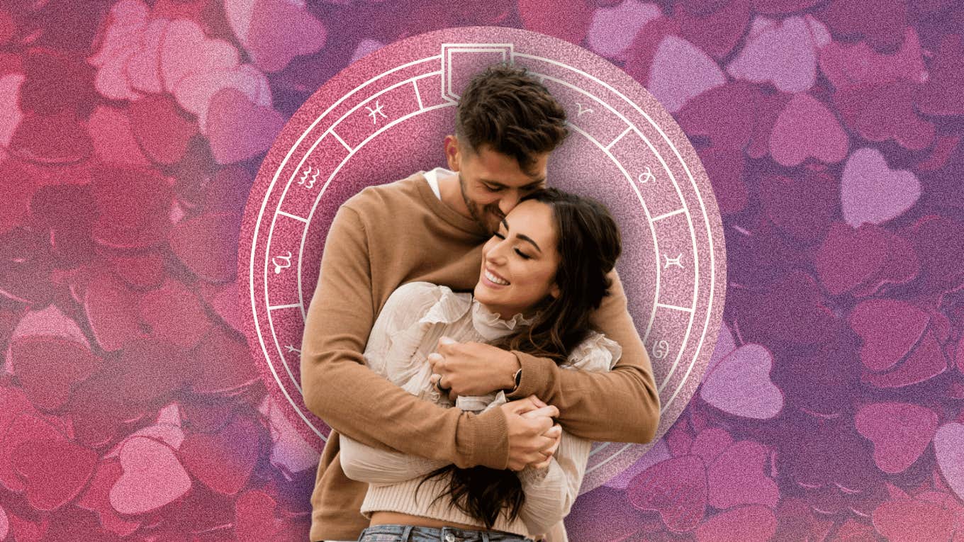 couple in front of zodiac wheel and hearts for love horoscope september 29