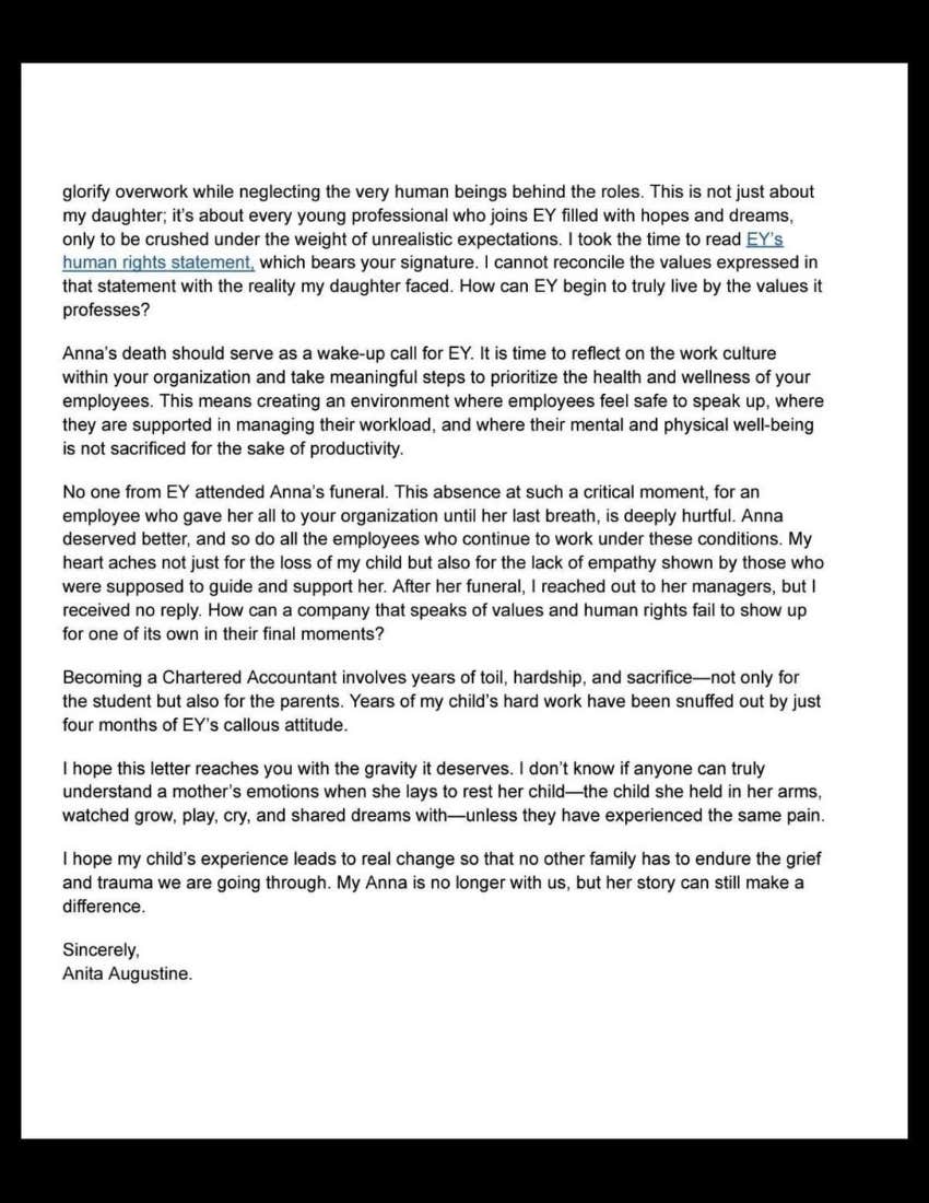 Anita Augustine's letter to EY India Chairman Rajiv Memani regarding her daughter Anna Sebastian Perayil's death