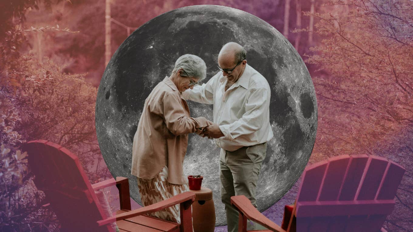 older couple in emotionally secure relationship in front of moon