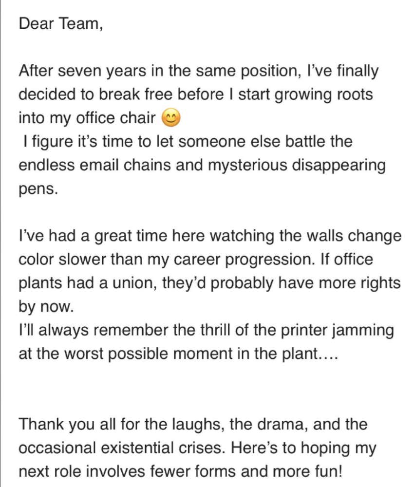 Employee Sends Hilarious Farewell Email To His Team Right Before He Quits Reddit Post