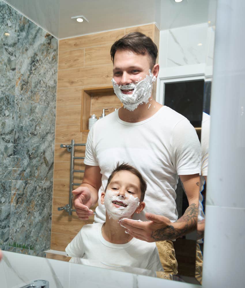 father teaching his son how to shave