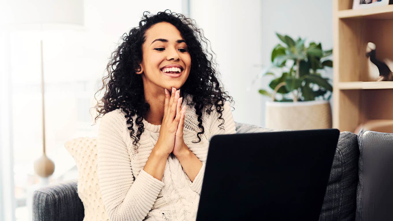 Woman receiving promotion via zoom