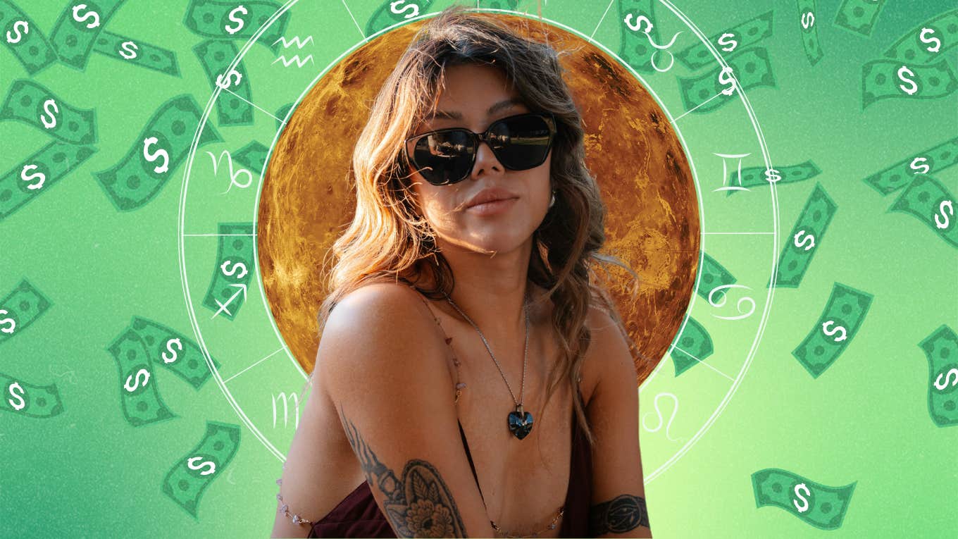 woman attracting falling money in front of venus and zodiac wheel