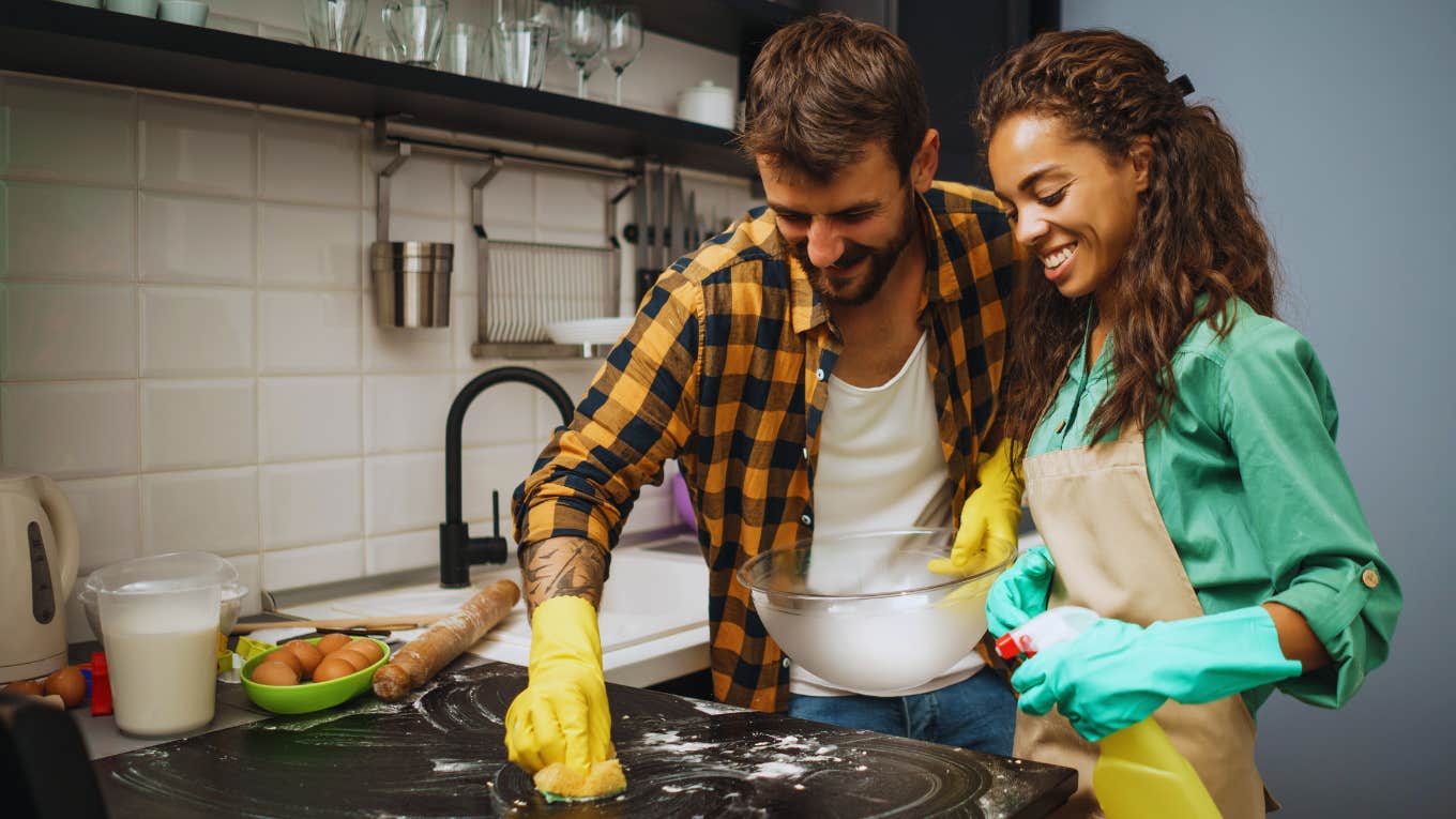 Man does simple things like cleaning to earn respect from his wife.