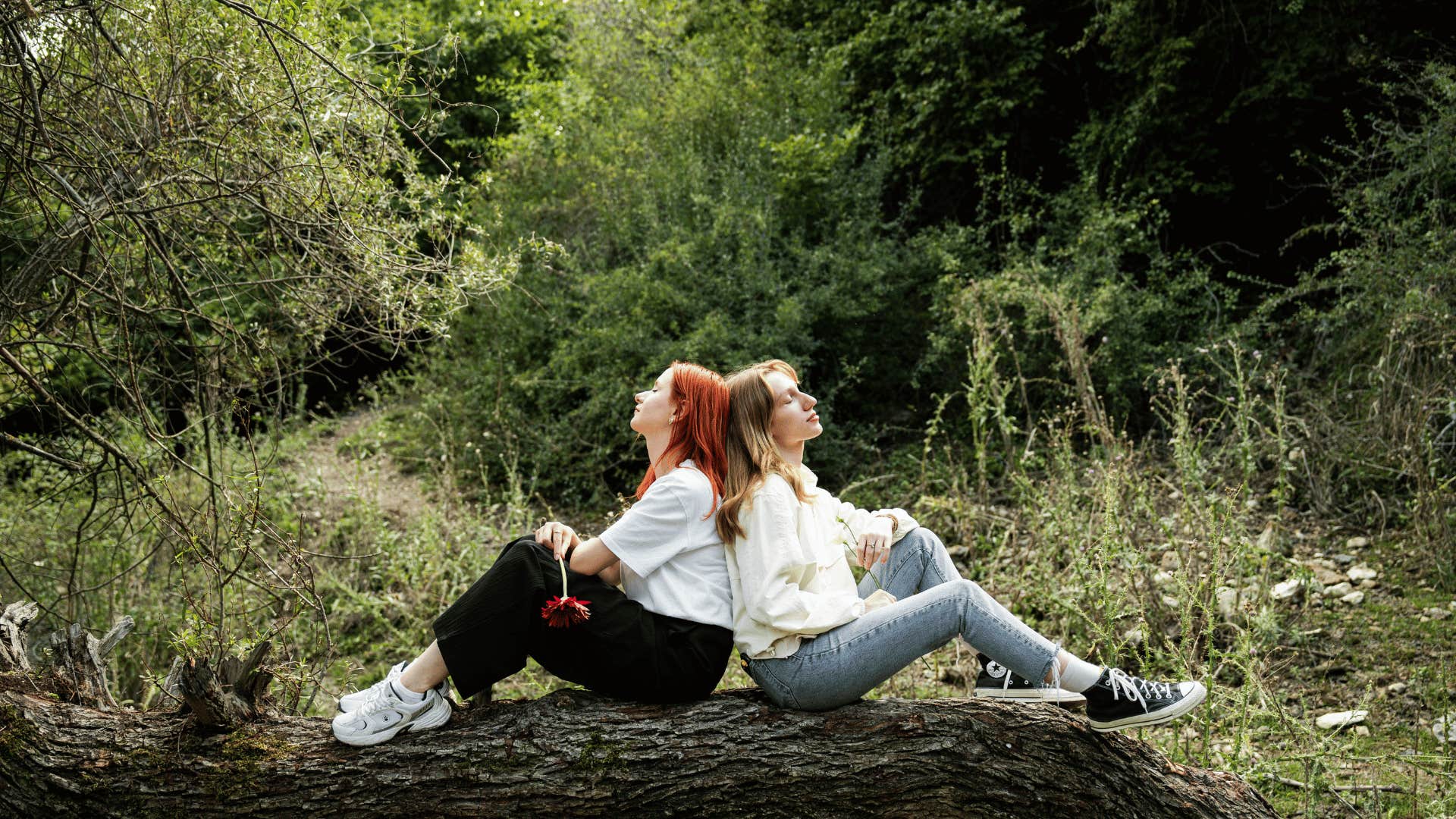 two friends relaxing on a log