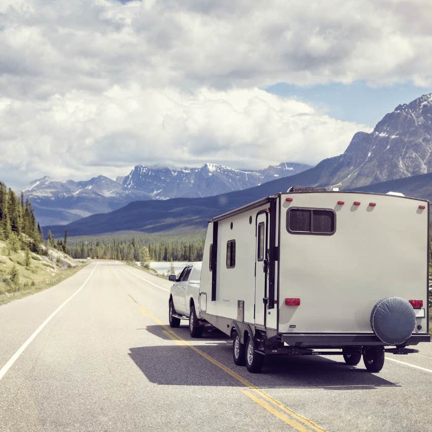 mobile home driving down open road