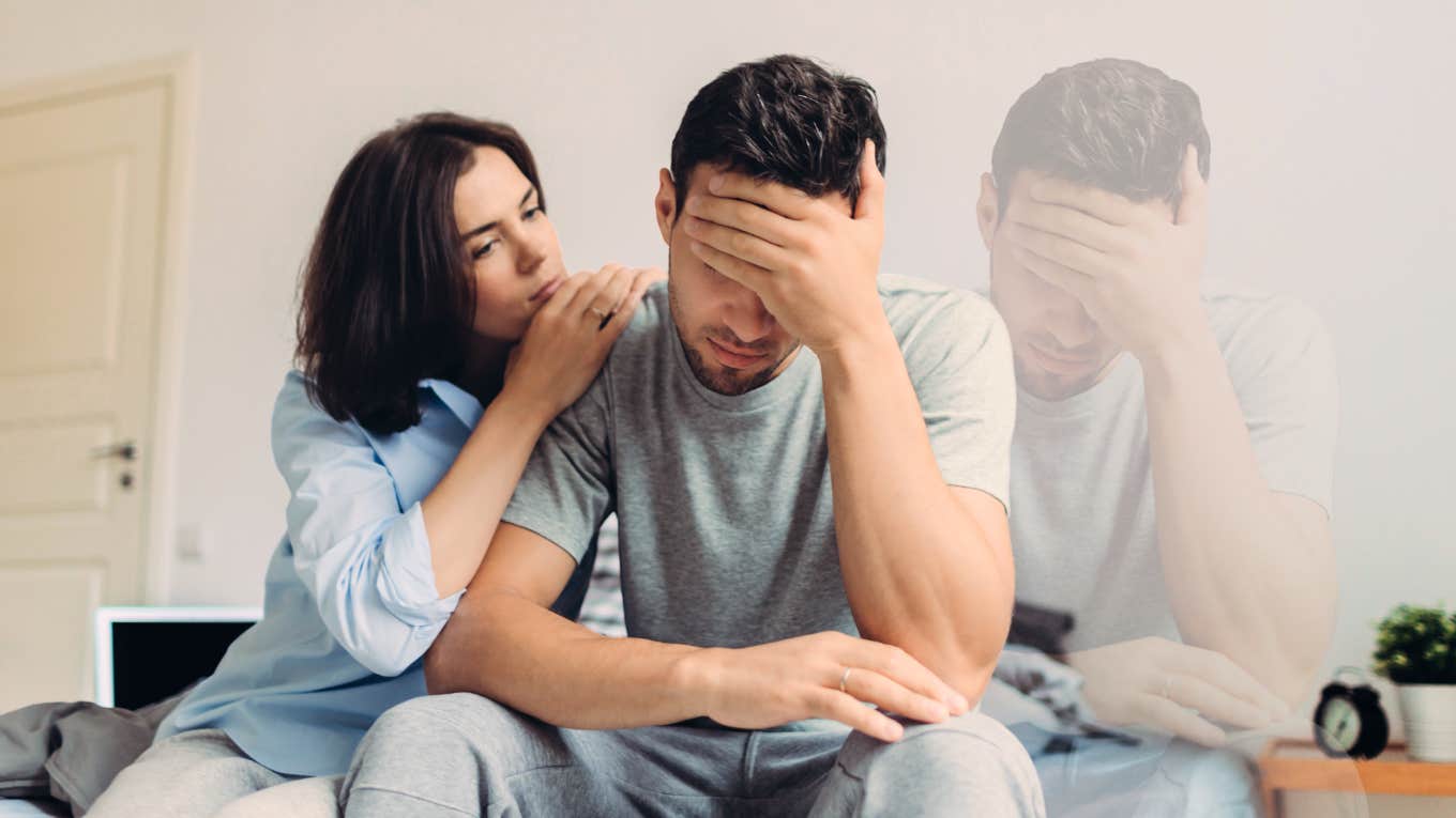 Woman comforting partner and the invisible third wheel of his anxiety