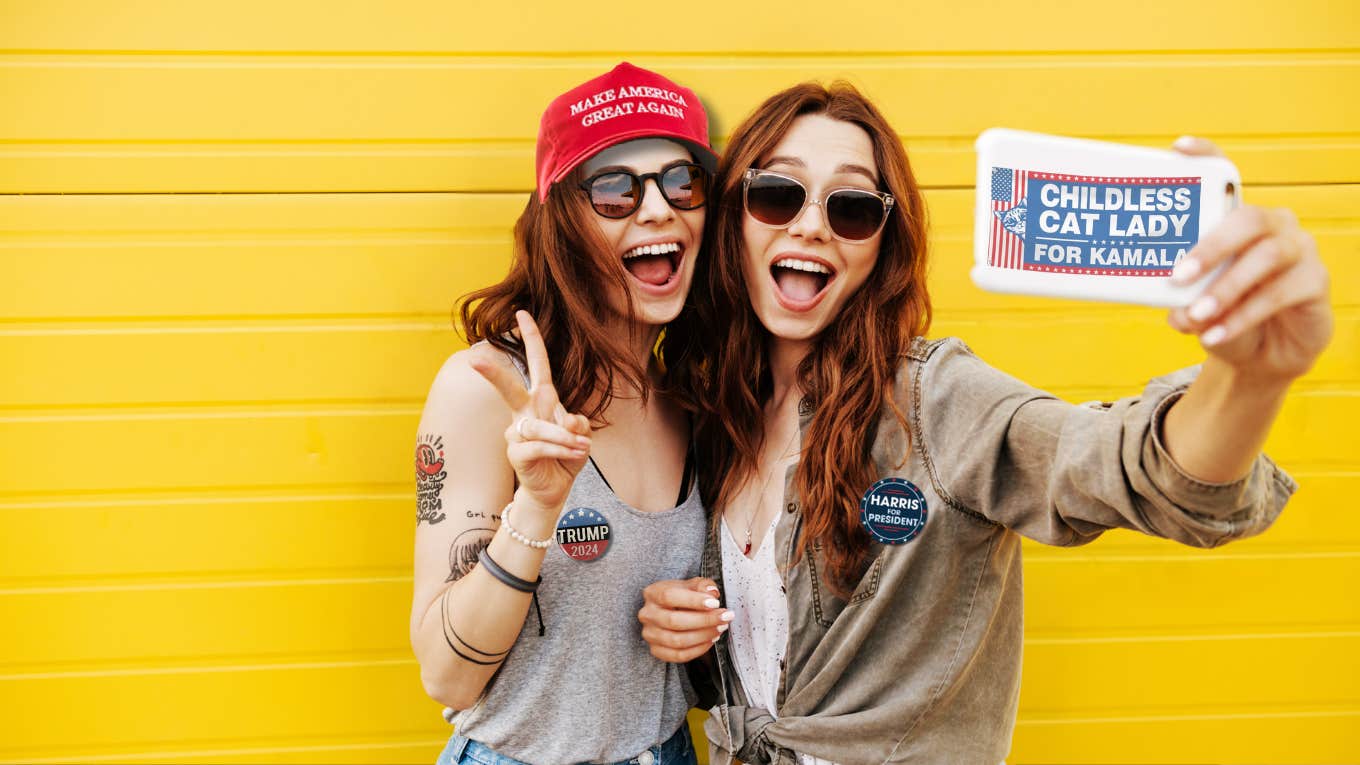 Two friends supporting different political parties taking a selfie