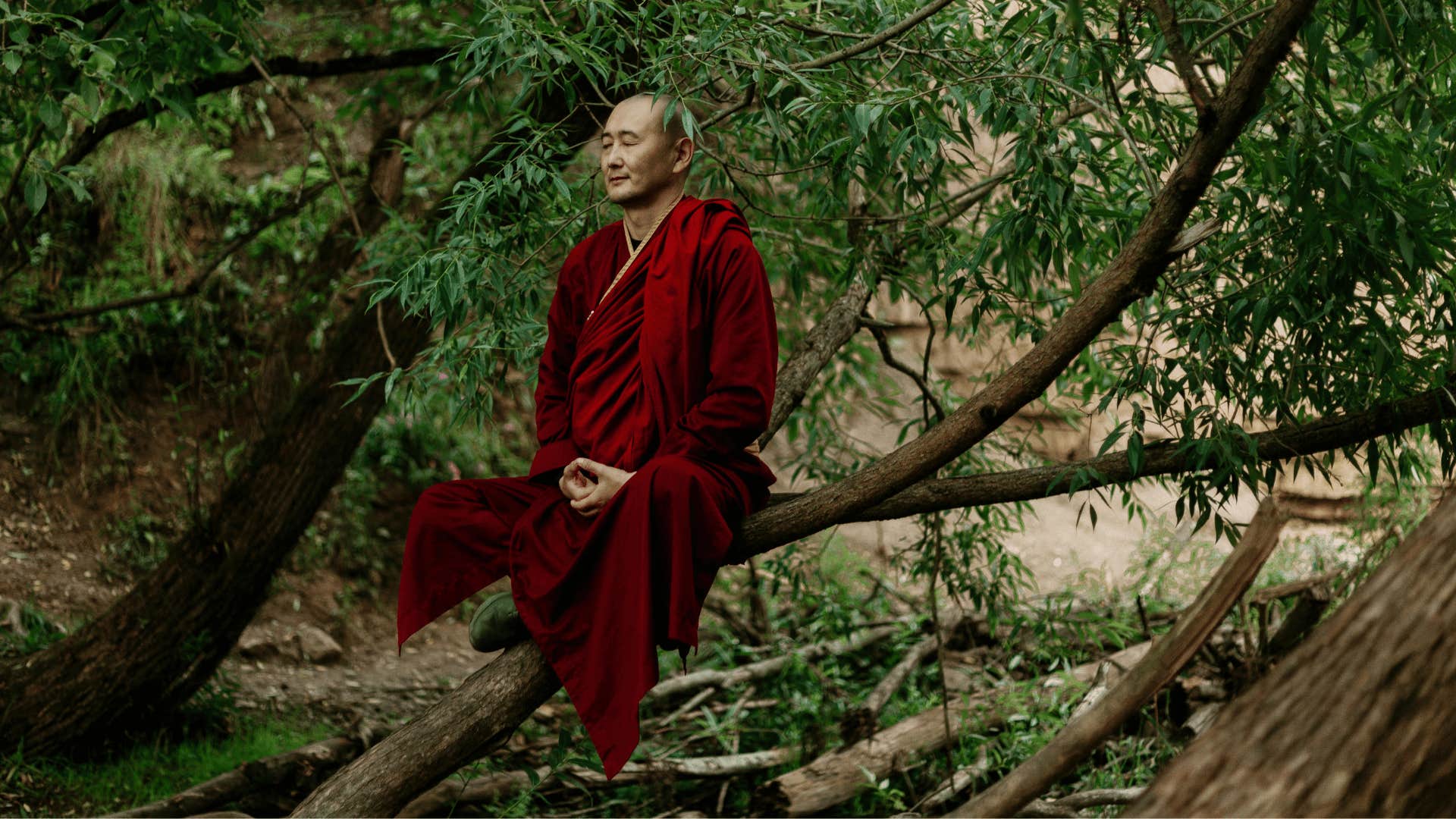 peaceful gentleman meditating outdoors