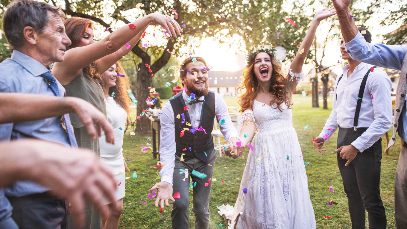 Happy bride and groom at micro-wedding