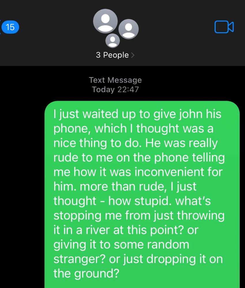 screenshot of text message New York man sent to family of lost phone owner