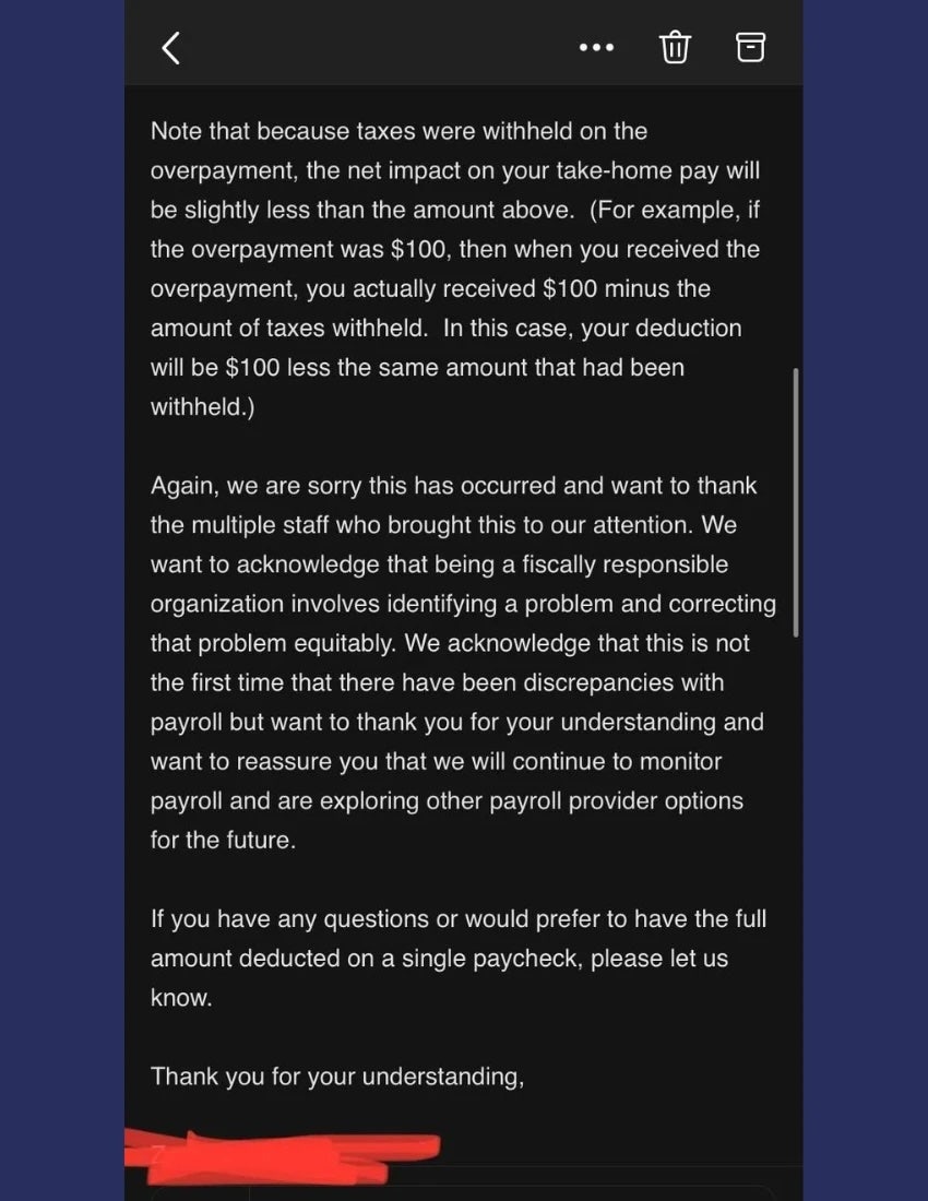 Screenshot from Reddit of email to overpaid workers