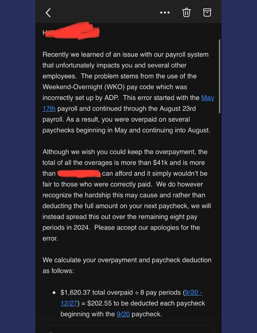 Screenshot from Reddit of email to overpaid workers