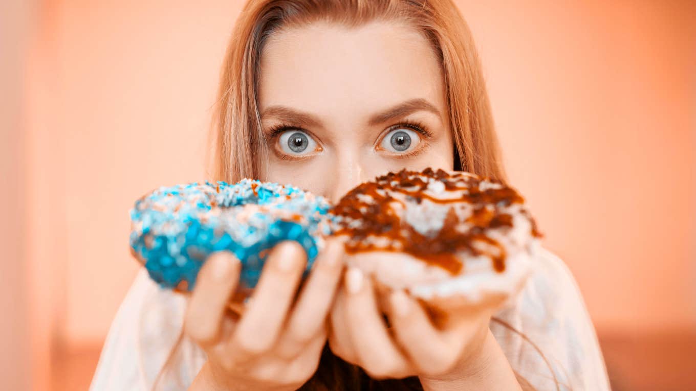 Woman eating crap in self sabotage mode 