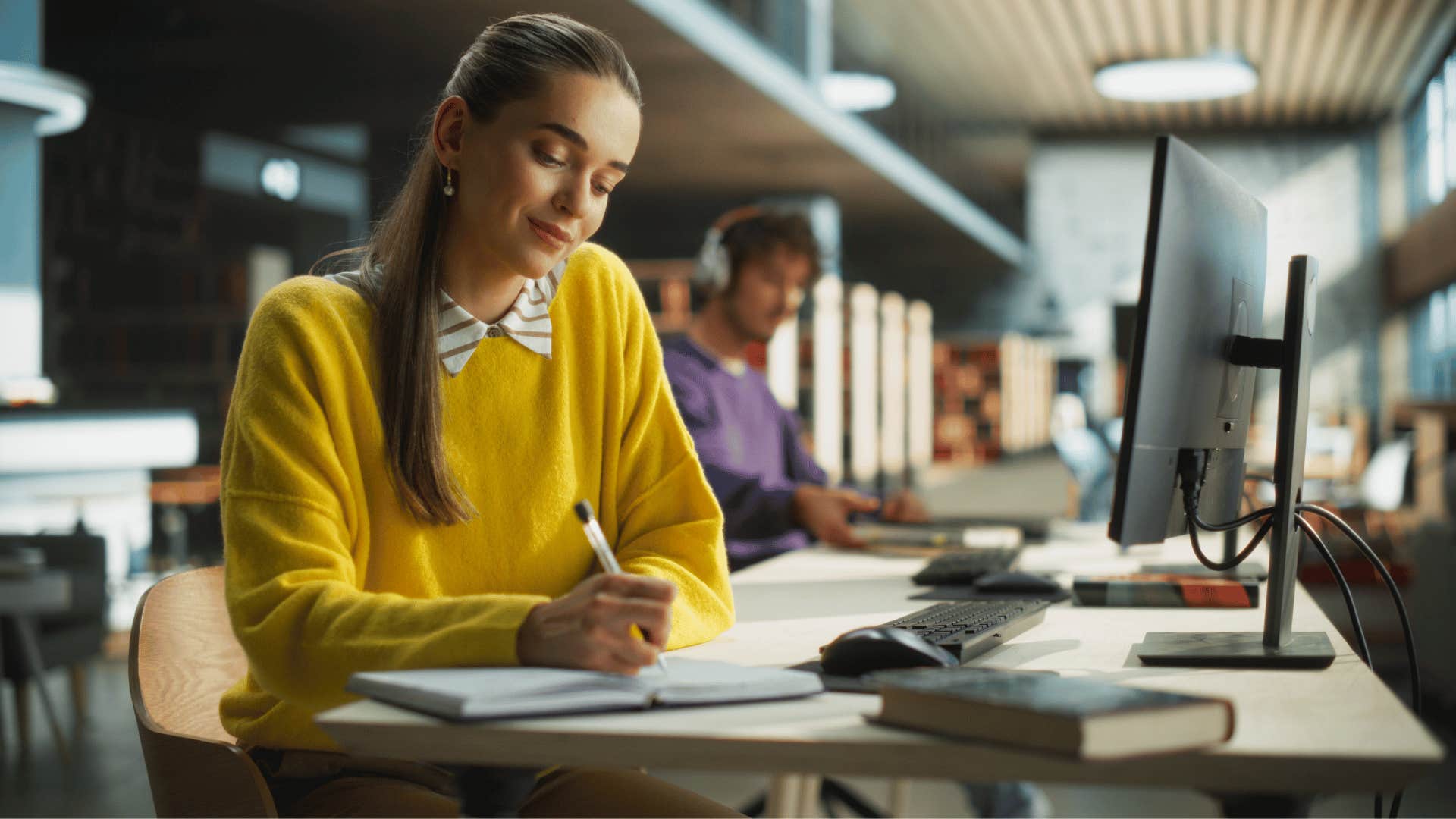 woman doing homework in library 