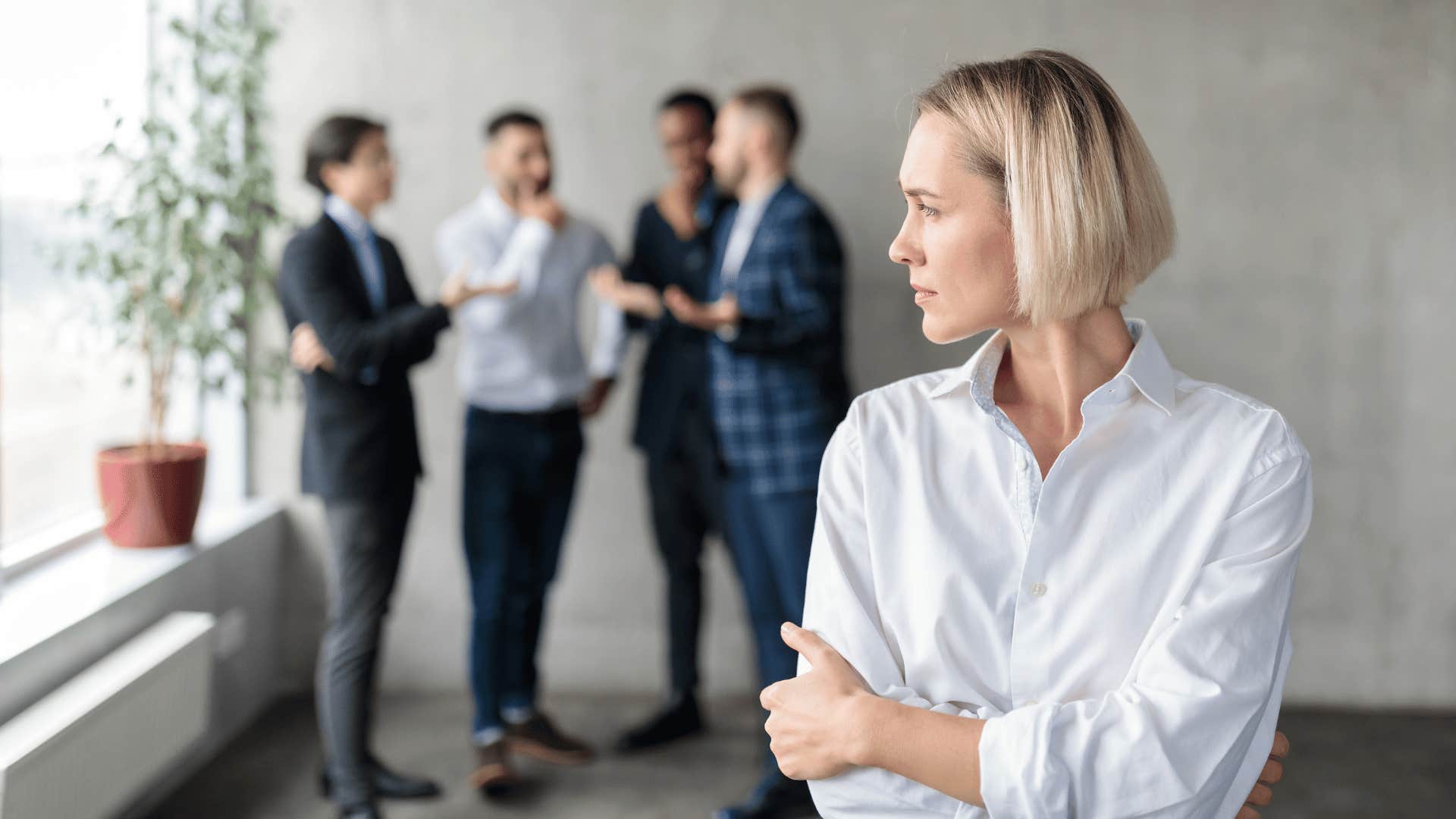 coworkers gathering in hall