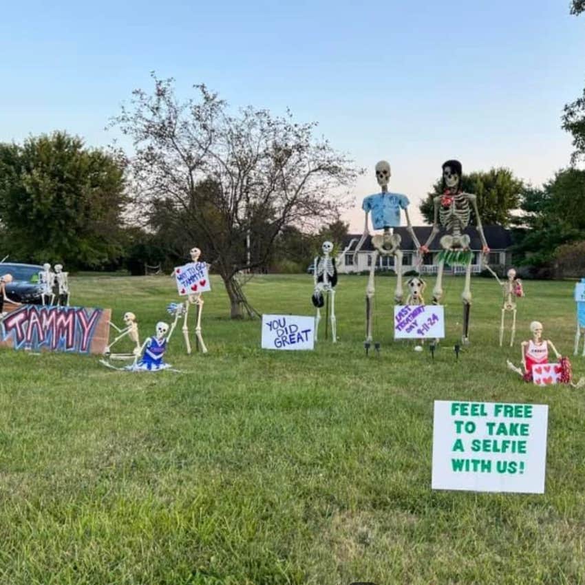 Yard skeletons arranged in yard for woman in radiation treatment.