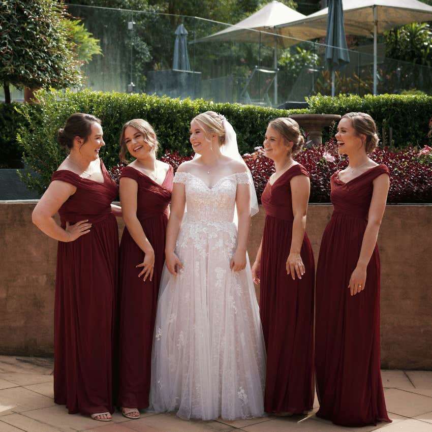 smiling bride and bridesmaids