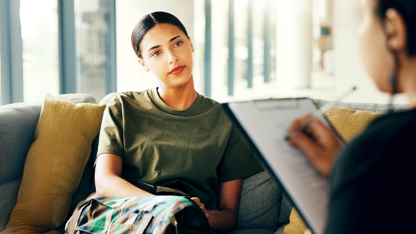 Female enlisted military member, in therapy from unresolved trauma.