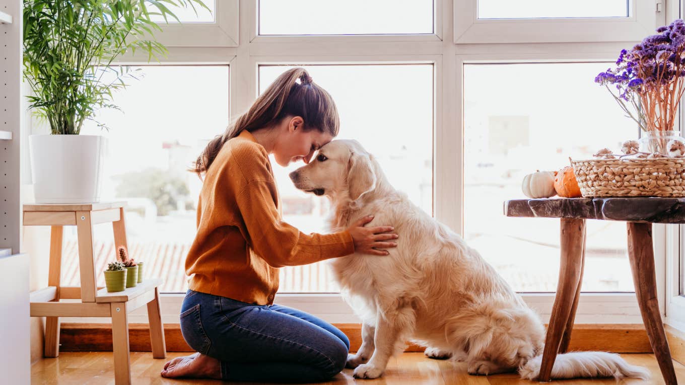 woman hugging golden retriever dog at home