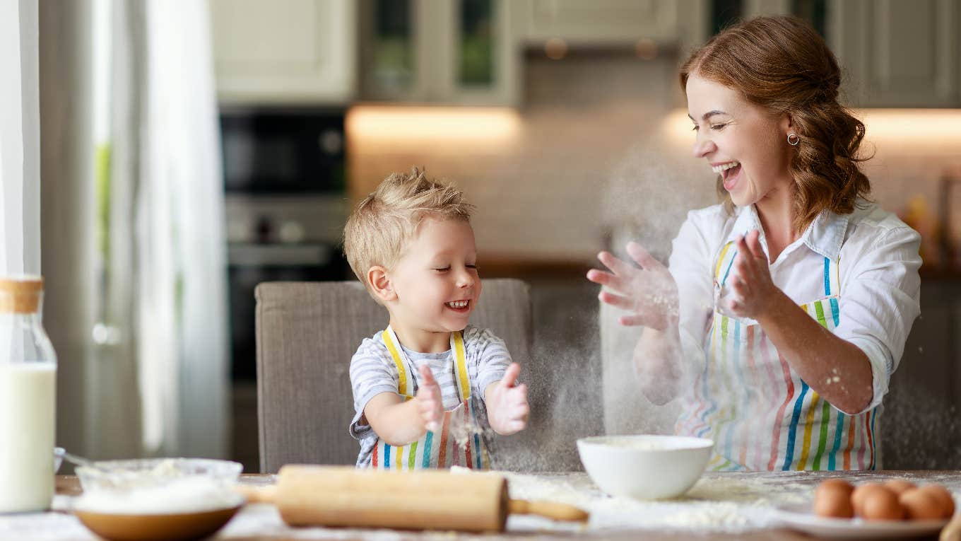 Working mom and son baking for potluck