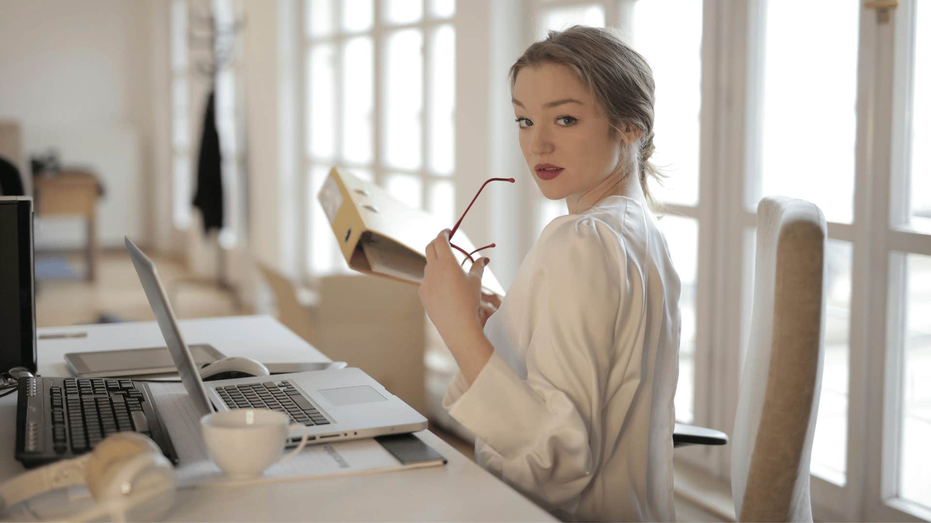 professional woman looking over her shoulder