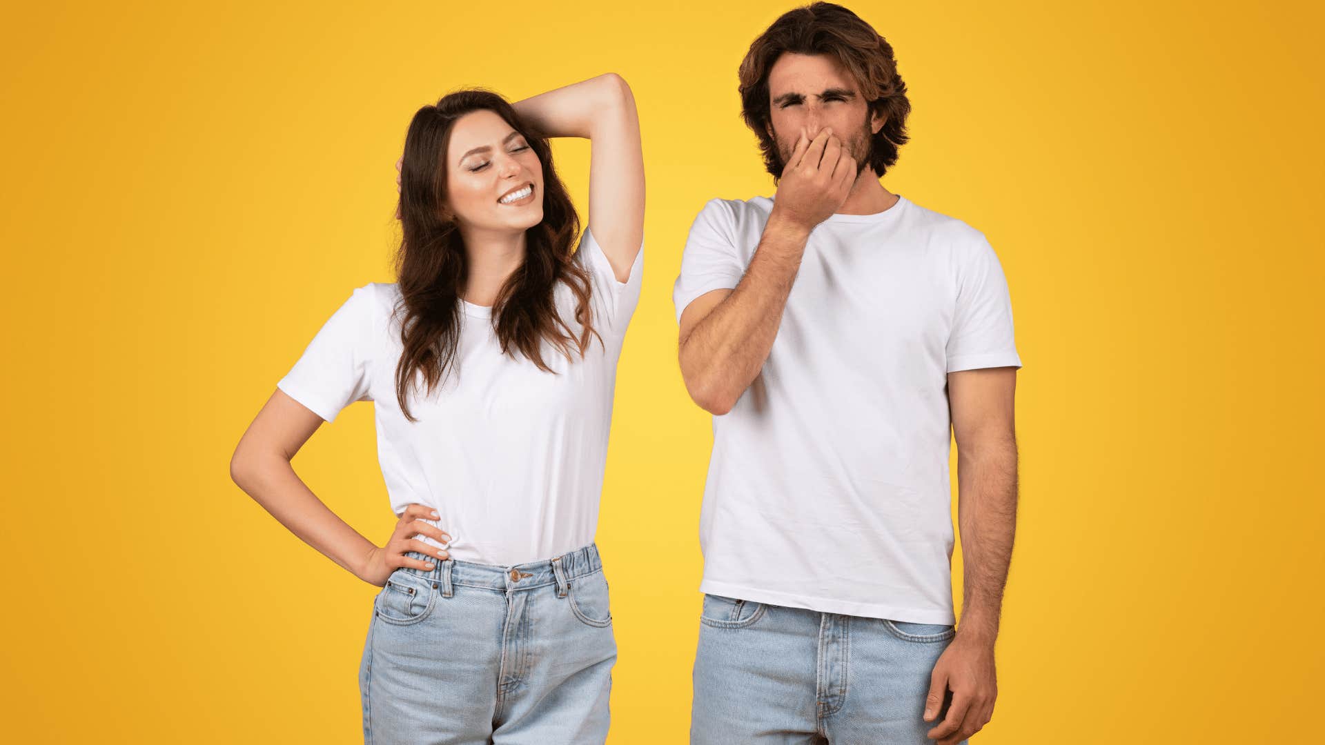 man covering nose standing next to smelly woman