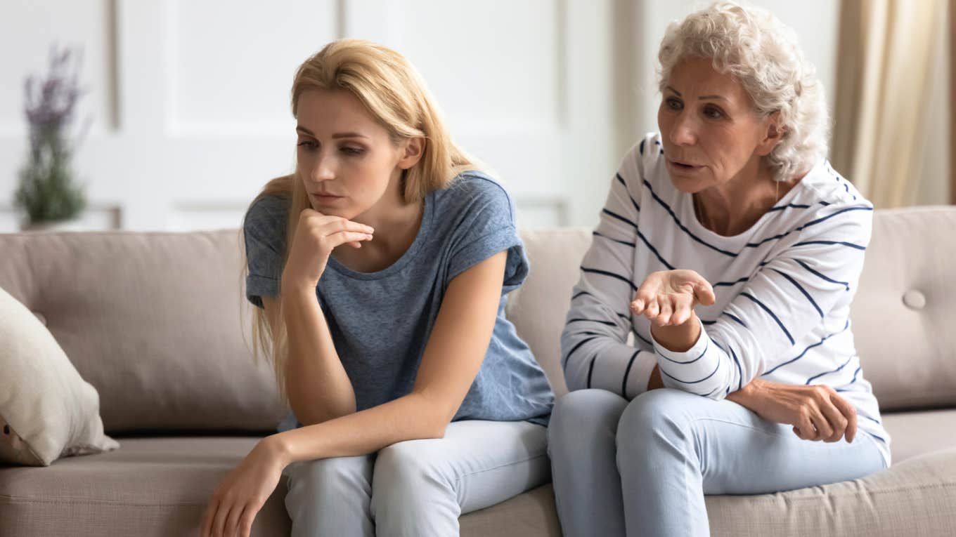 unhappy parent talking to disconnected adult daughter