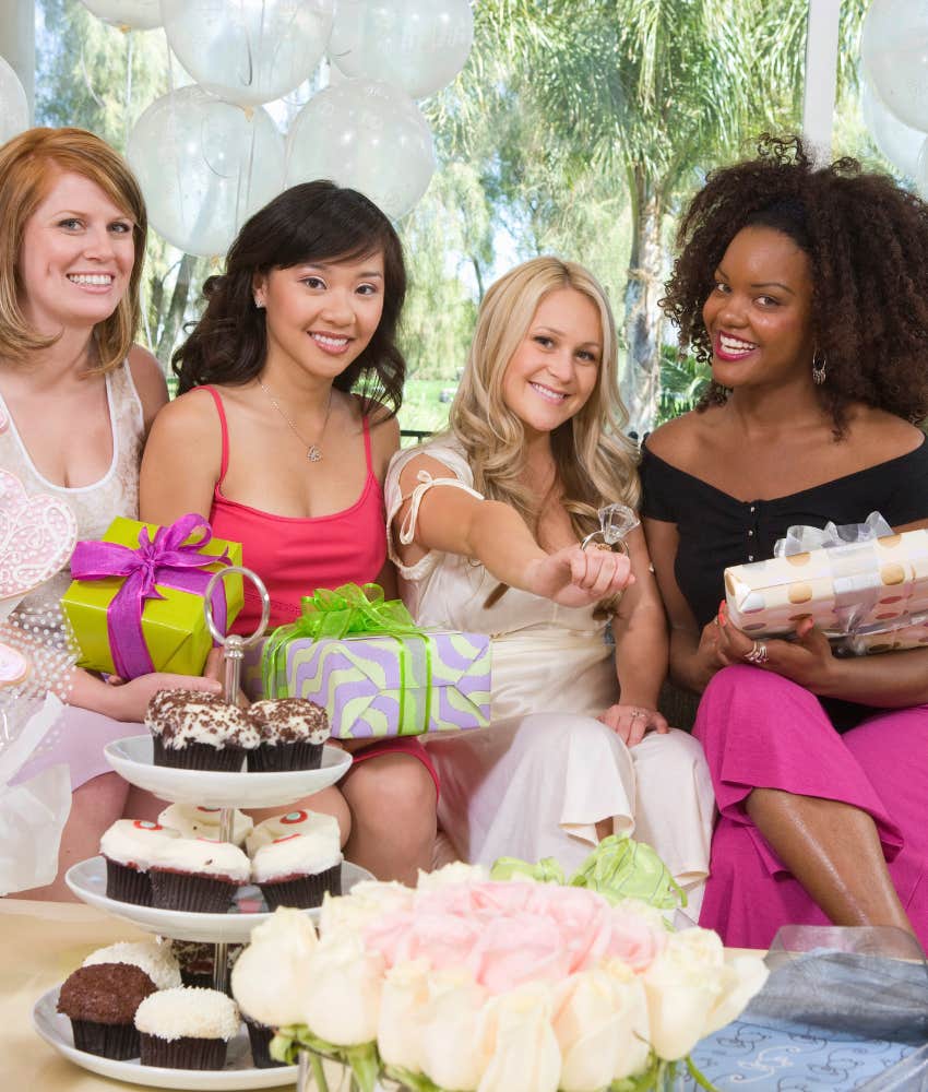 bride and friends celebrating at wedding shower