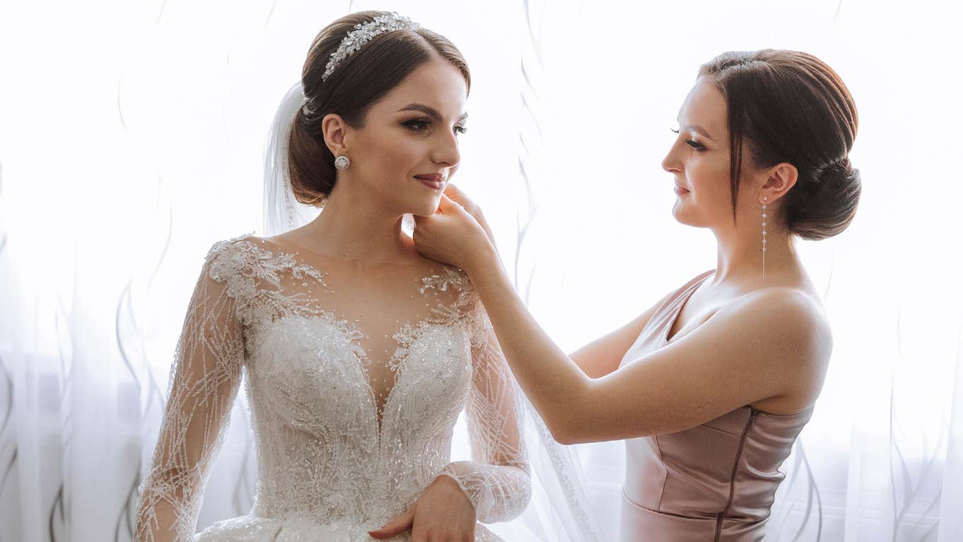 Bride and maid of honor on wedding day