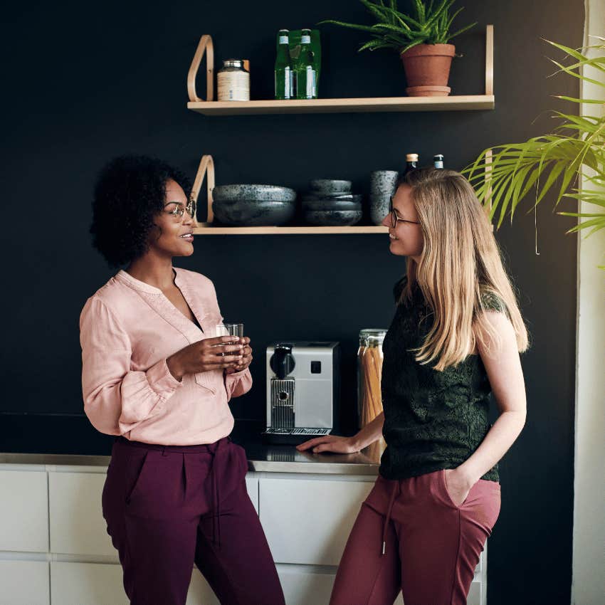 coworkers chatting in a break room