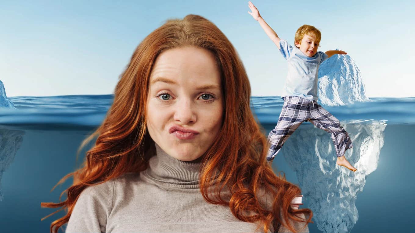 Woman making face, overwhelmed by being on the adhd iceberg with her kid