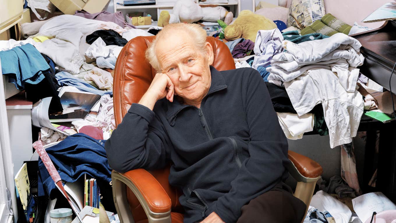 Senior man sitting in his recliner surrounded by clutter.