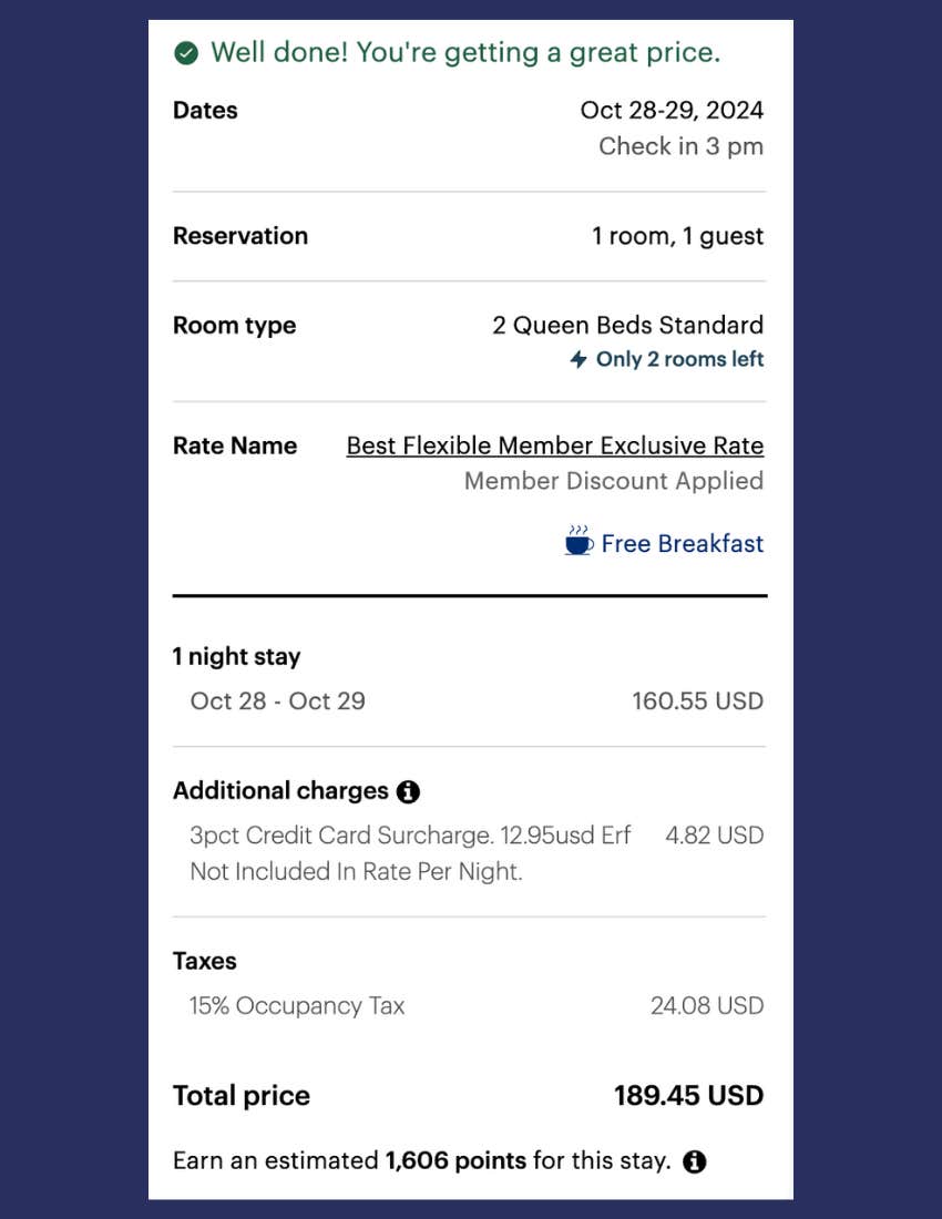 screenshot of booking from Holiday Inn Express in Elko, Nevada