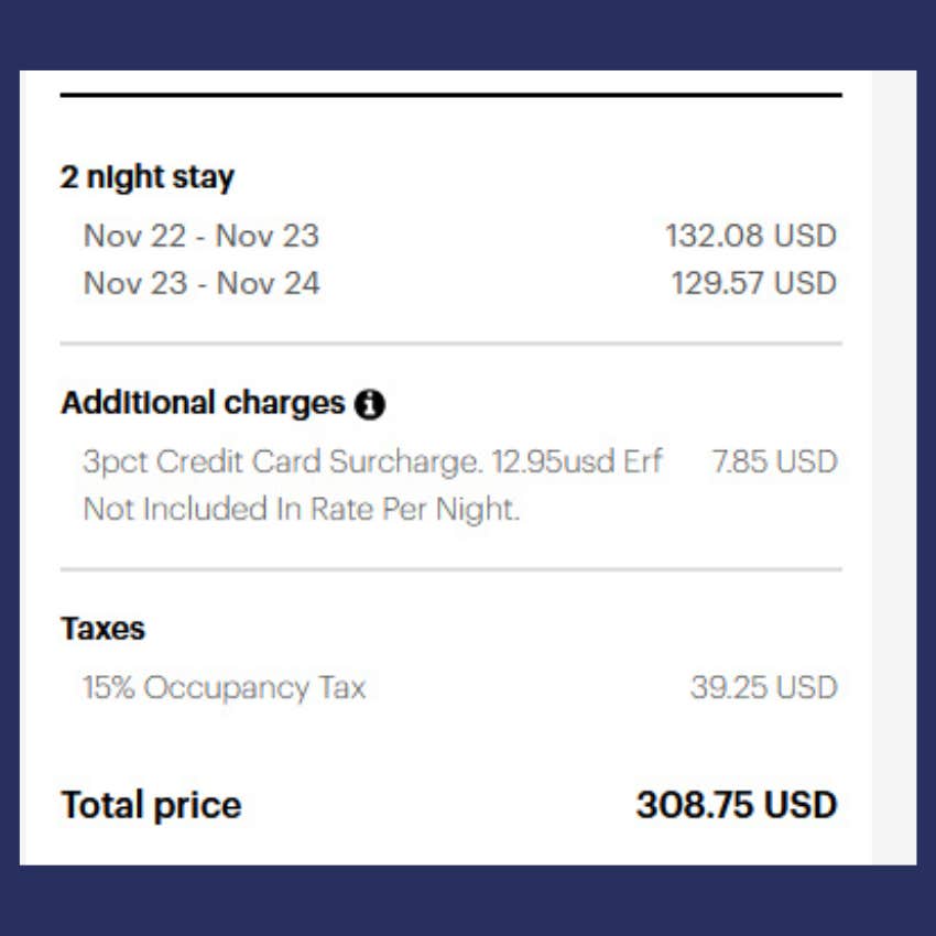 screenshot of hotel guest reservation in which they were charged a fee for electricity