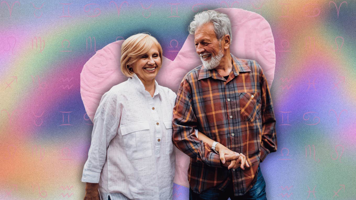 older couple smiling in front of heart and zodiac signs love horoscope october 25