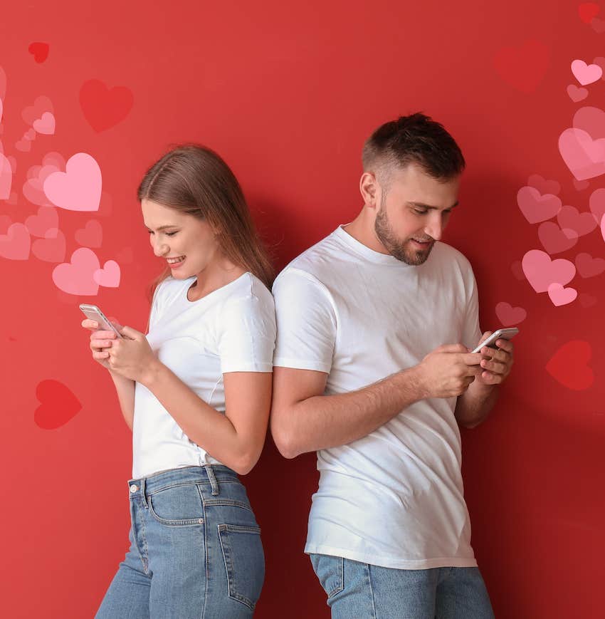 Couple texts with heart shapes coming from phones