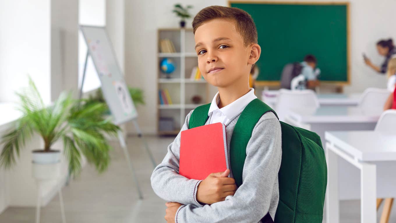 First grader in classroom with no toys