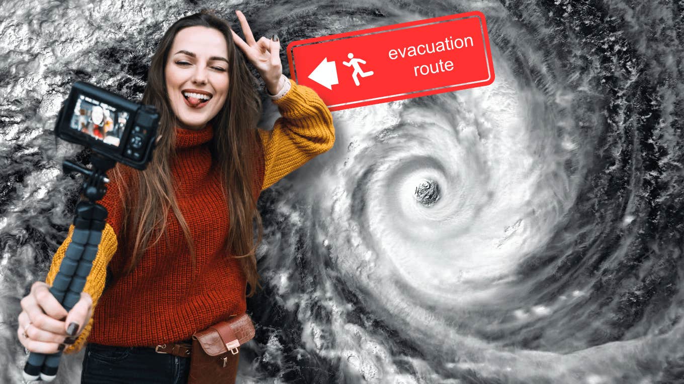 woman vlogging during hurricane evacuations