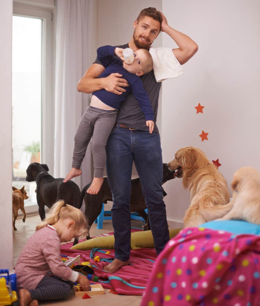 overwhelmed dad with kids