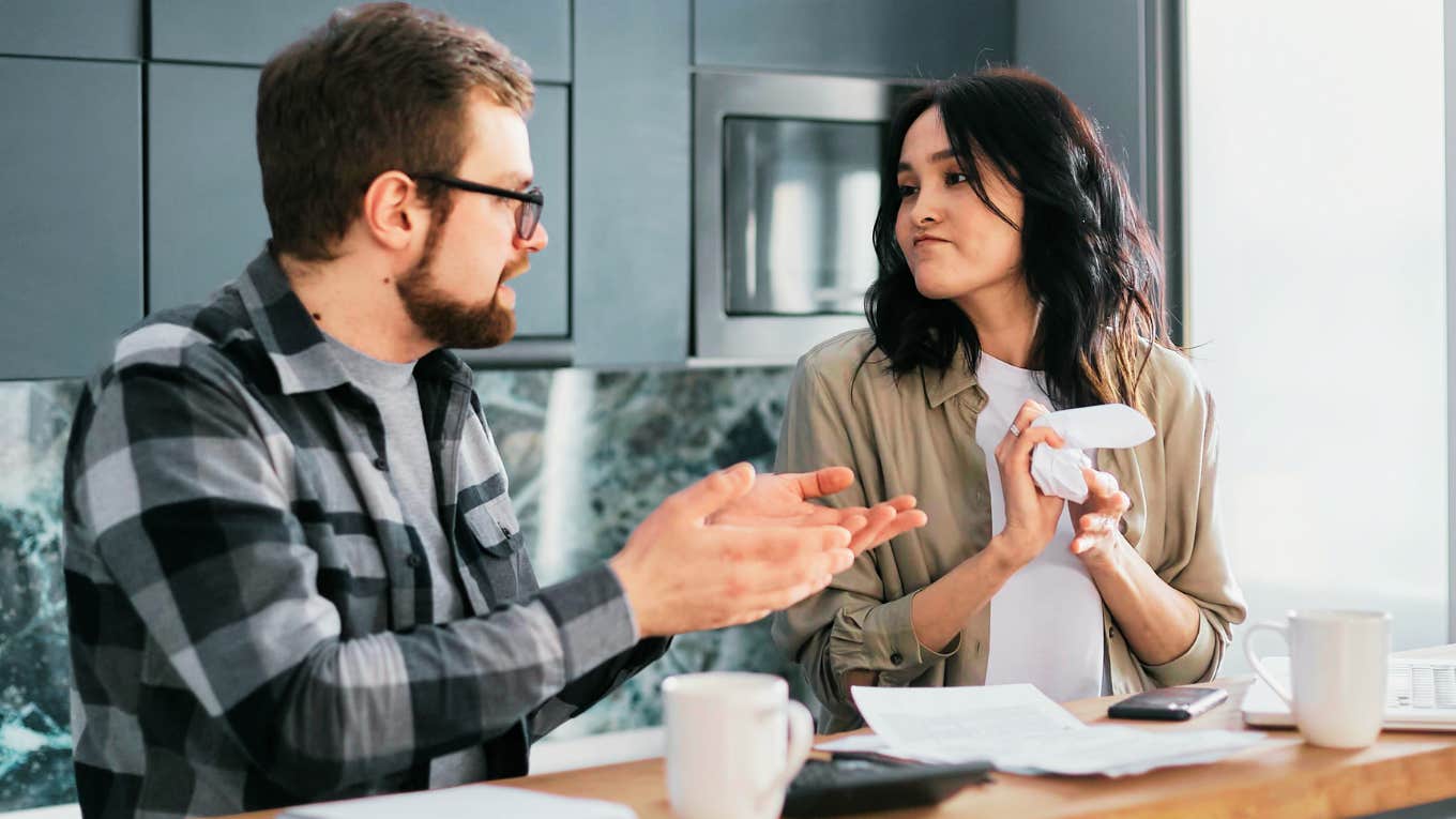 Couple having serious discussion about finances before getting married. 